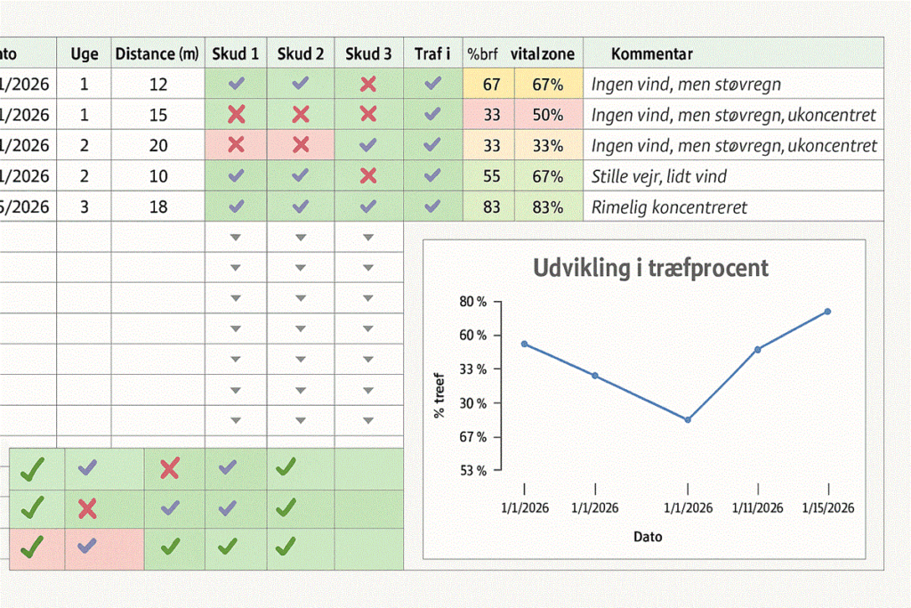 Gratis online træningsprogram til buejagtprøven – grafisk overblik over træningsskema og udvikling i træfprocent