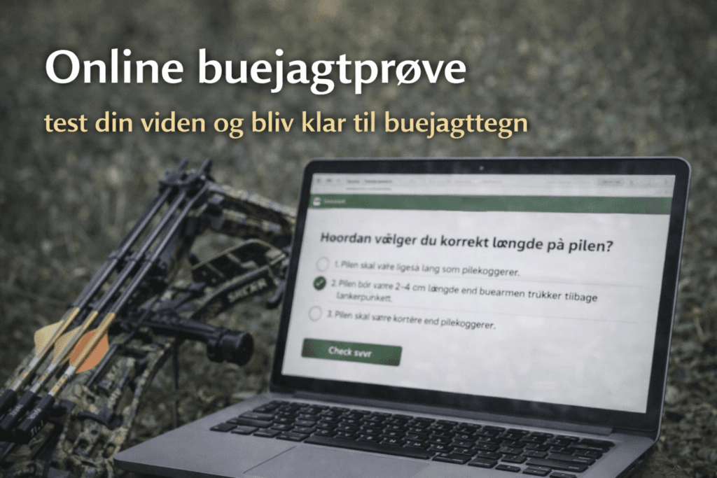 Online buejagtprøve vist på computer med quiz om buejagtregler og udstyr