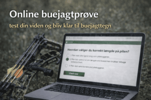 Online buejagtprøve vist på computer med quiz om buejagtregler og udstyr