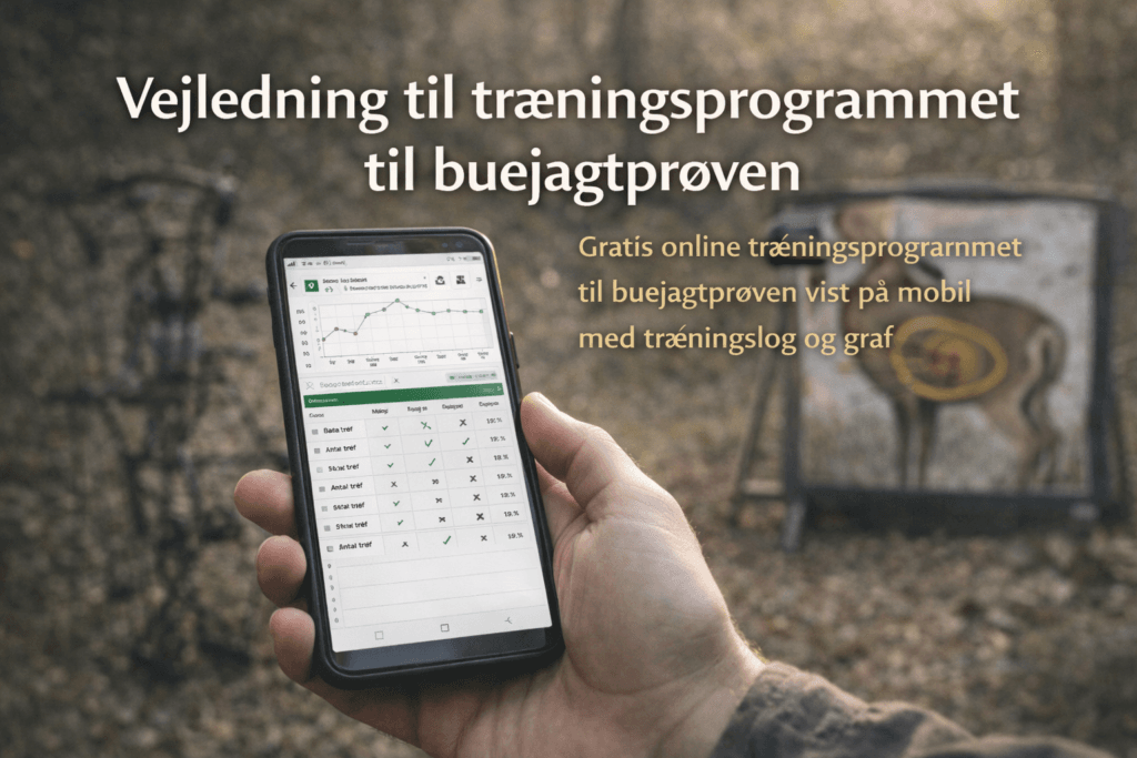 Vejledning til træningsprogrammet til buejagtprøven vist på mobil med træningslog og graf