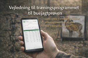 Vejledning til træningsprogrammet til buejagtprøven vist på mobil med træningslog og graf