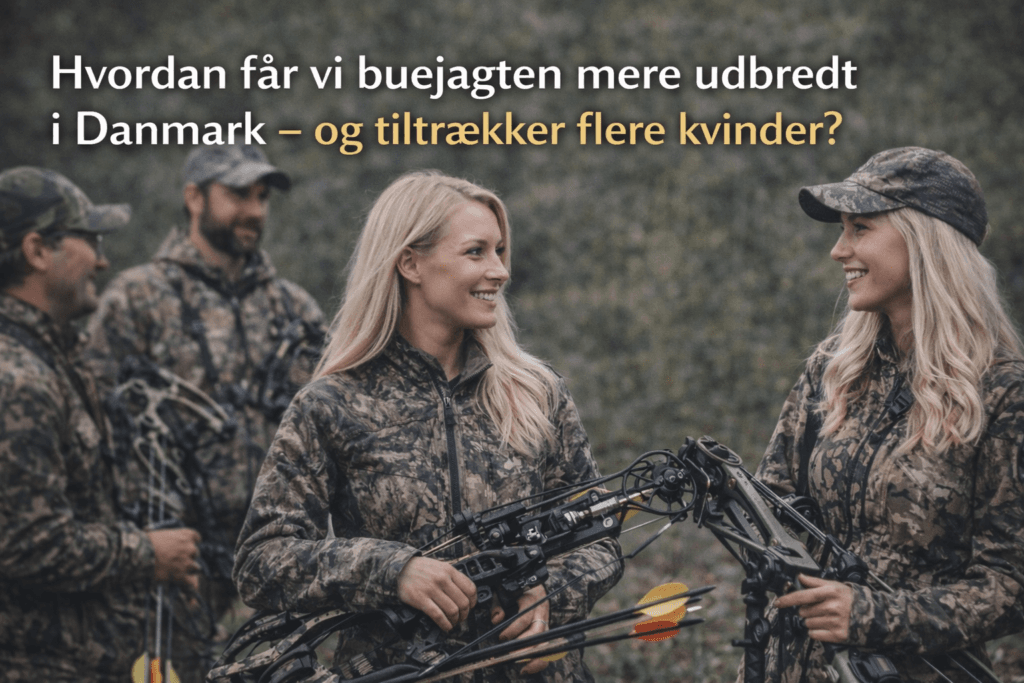 Kvinder og mænd dyrker buejagt sammen i Danmark med compoundbuer i naturen