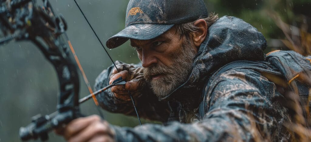 Dansk buejæger med compoundbue under buejagt i skoven