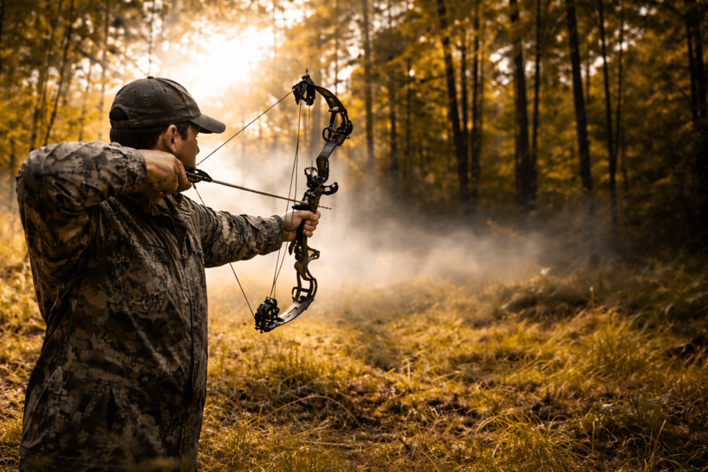 Buejæger træner med compoundbue i skov i roligt tempo som forberedelse til buejagt