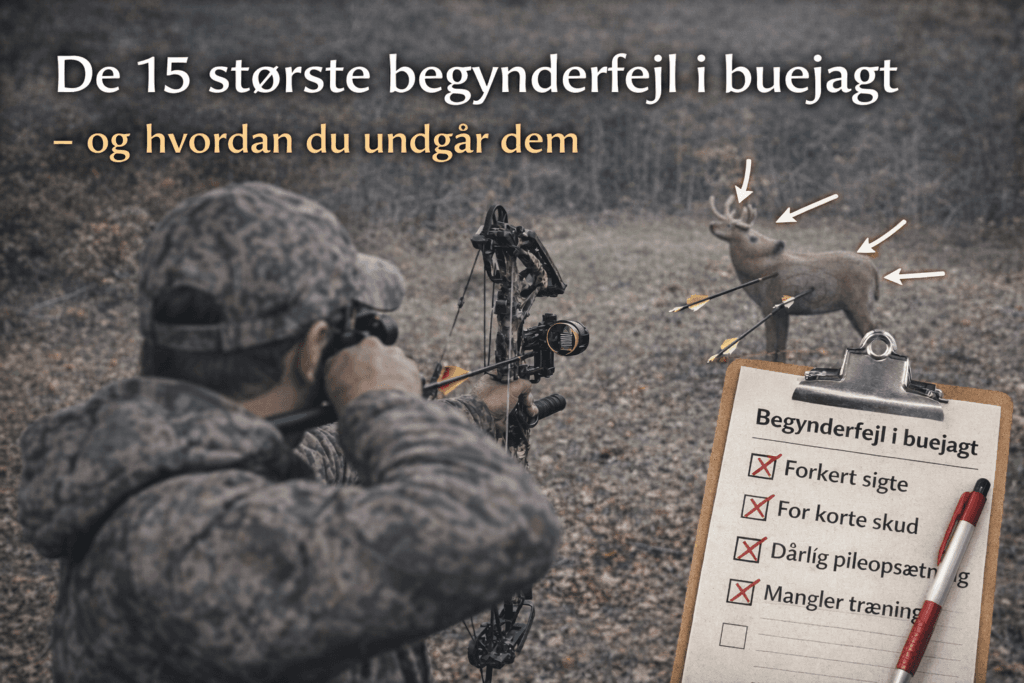 Buejæger sigter med compoundbue mod hjortevildt illustreret med typiske begynderfejl i buejagt