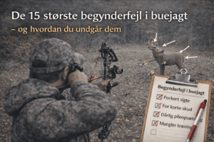 Buejæger sigter med compoundbue mod hjortevildt illustreret med typiske begynderfejl i buejagt