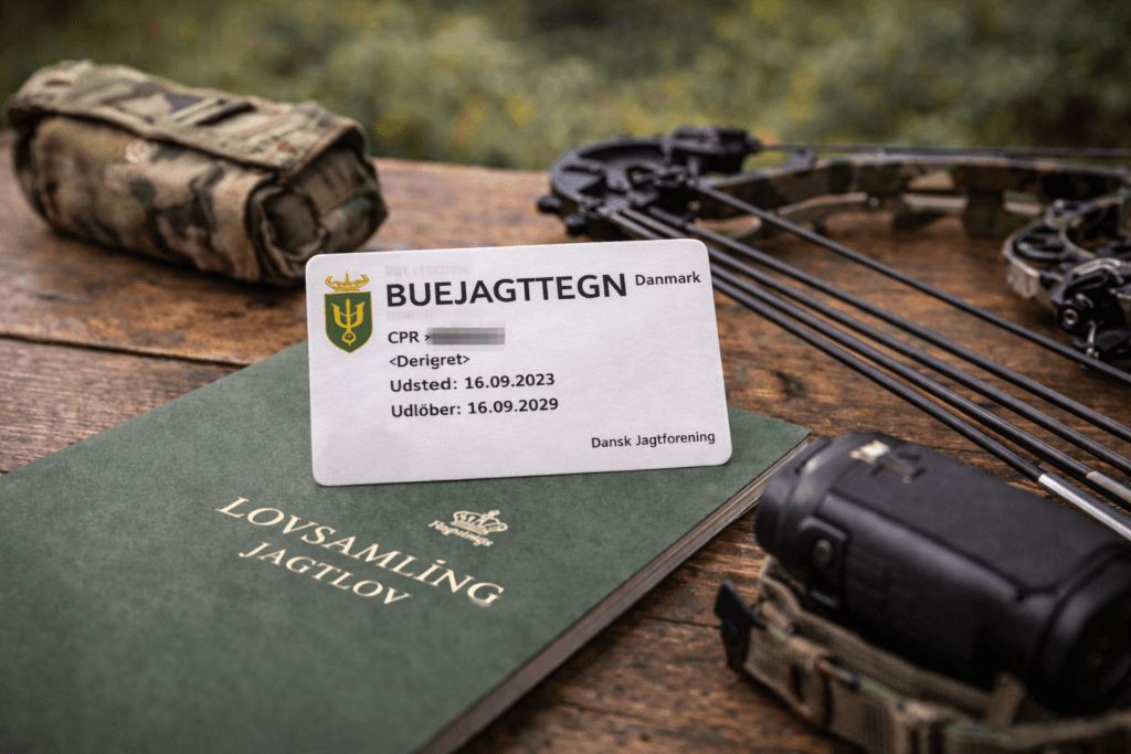 Buejagttegn placeret på jagtlov sammen med buejagtudstyr i naturen