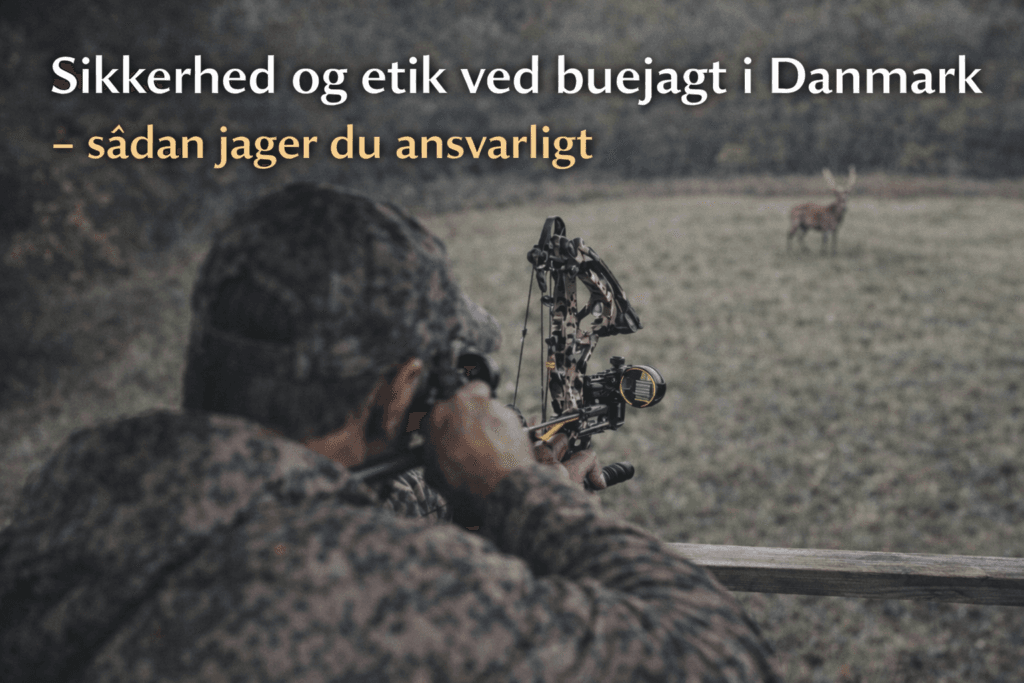 Buejæger i åbent jagttårn sigter med compoundbue mod hjortevildt på mark