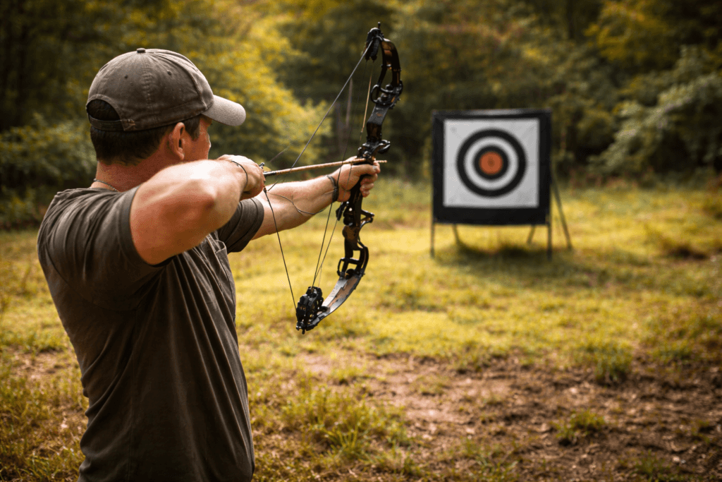 Buejæger træner skydeteknik med compoundbue mod skive i naturen