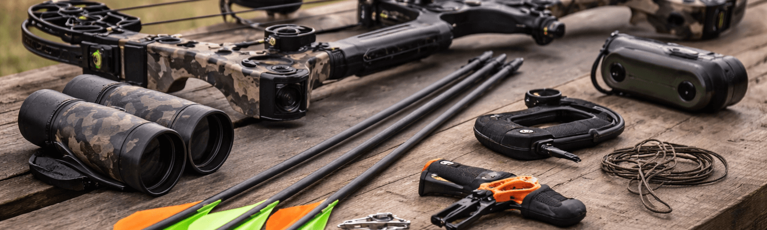 Udstyr til buejagt med compoundbue, pile, release og tilbehør samlet på bord
