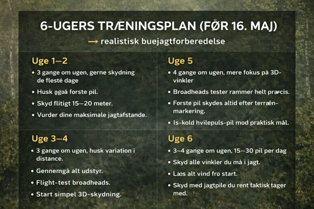 Grafisk 6-ugers træningsplan til bukkejagt med bue før 16. maj med fokus på afstand, første pil, broadheads, 3D-vinkler og praktisk terrænskydning.