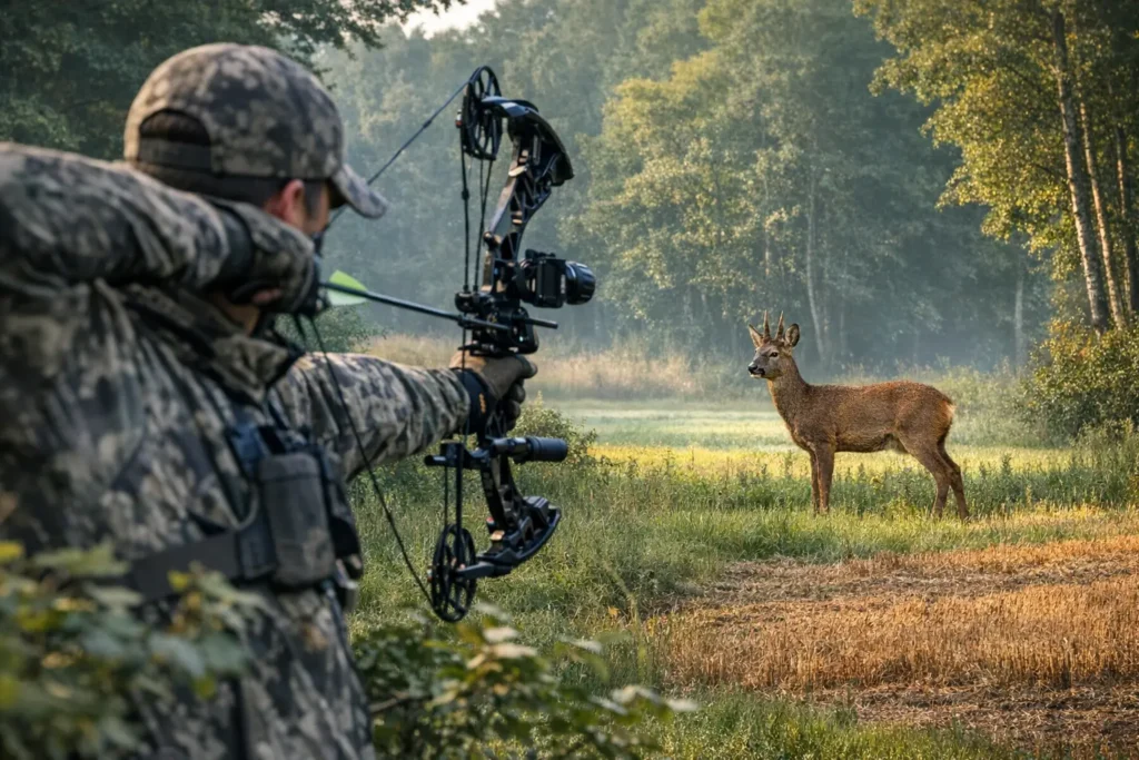 Buejæger sigter på råbuk i dansk terræn på kort afstand under bukkejagt