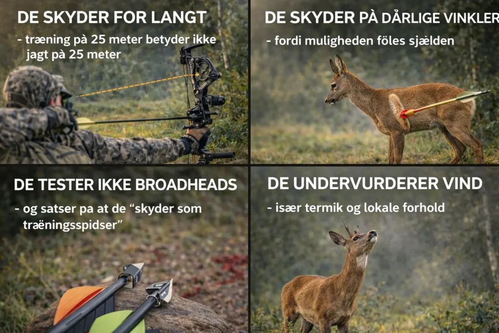 Illustration af fire almindelige etiske fejl i bukkejagt med bue: for lange skud, dårlige vinkler, manglende broadhead-test og undervurdering af vind