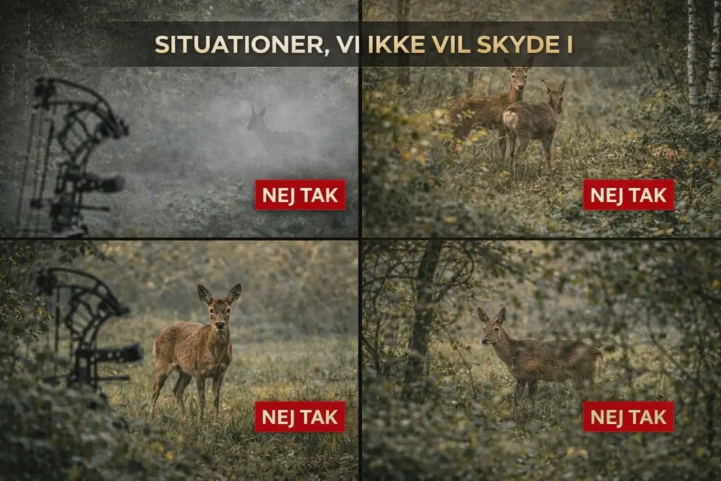 Illustration af situationer hvor buejægere ikke bør skyde på buk: dårlig sigtbarhed, flere dyr tæt sammen, frontale vinkler og skjult vinkel i tæt bevoksning. Markeret med nej-tak.