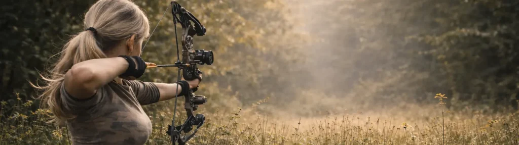 Kvinde på buejagt med compoundbue i dansk skov med fokus på præcision og teknik