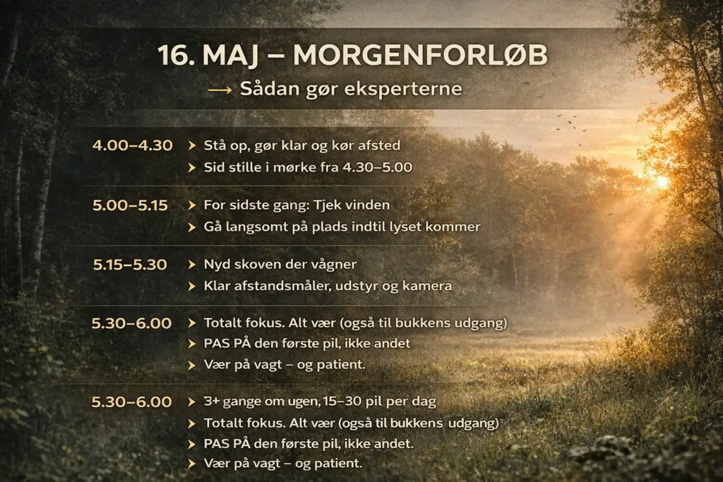 Grafisk morgenforløb for bukkejagt den 16. maj, med tidslinje fra 4.00 til solopgang og fokus på vind, afstandsmåler, første pil og tålmodighed.