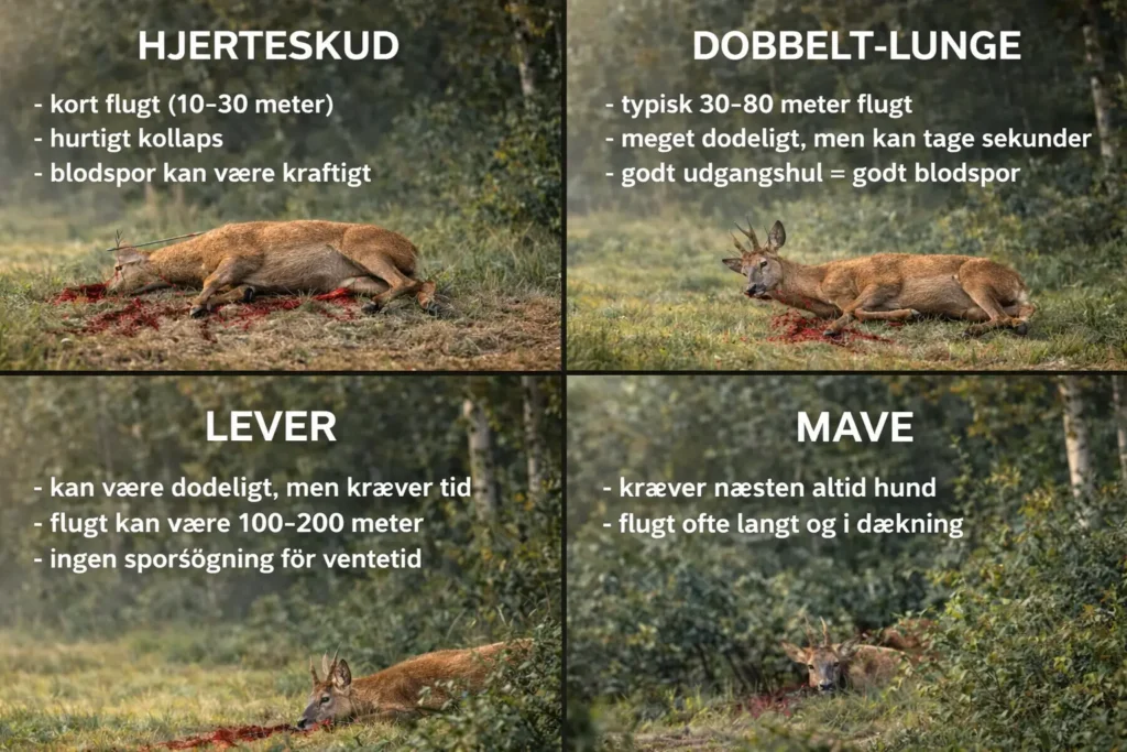 Illustration der viser hvordan forskellige træf med bue på råbuk påvirker flugt, kollaps og sporsøgning: hjerteskud, dobbelt-lunge, lever og mave.